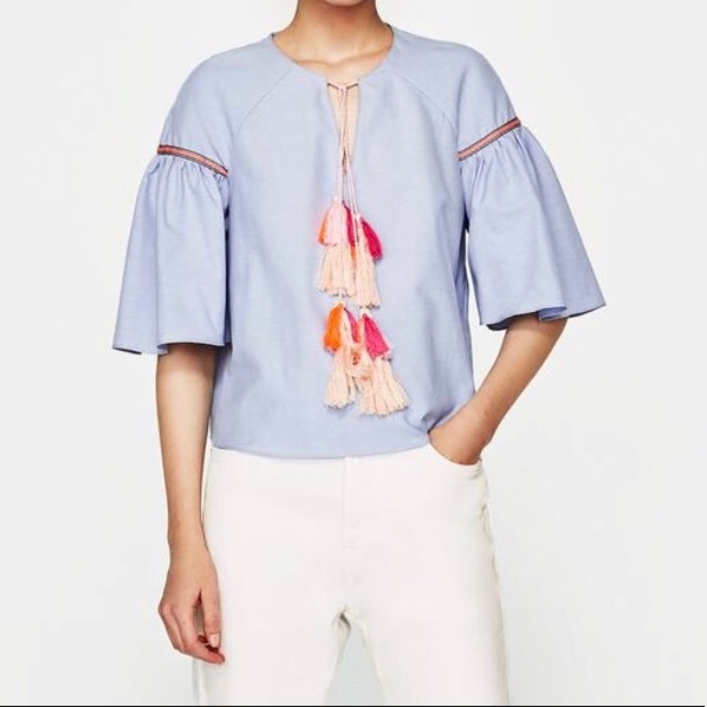 Zara Top With Bow and PomPoms